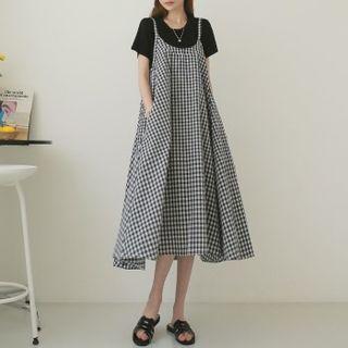 Gingham Flared Long Overall Dress