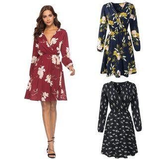Long-sleeve Floral Print Short A-line Dress