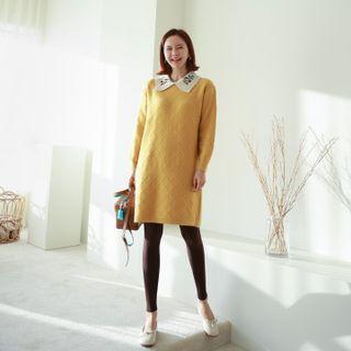 Embroidered-collar Waffle-knit Dress Black - One Size