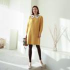 Embroidered-collar Waffle-knit Dress Black - One Size