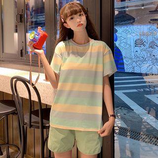 Striped T-shirt/ Elastic Waist Shorts