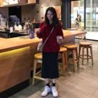 Tie-neck Hoodie / Back-slit Midi Pencil Skirt