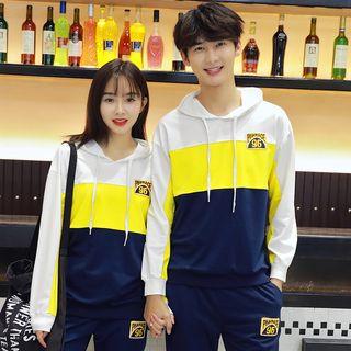 Couple Matching Set: Color Block Drawstring Hoodie + Sweatpants