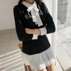 Pleated-hem Color-block Dress Black - One Size