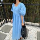 Puff-sleeve Square Neck Tie Back Ruffled Loose Fit Dress