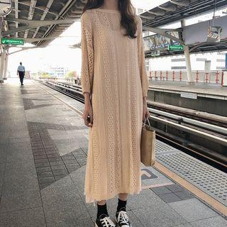 Set: Long Sleeve Cable-knit Long Sweater + Slipdress Set - As Shown In Figure - One Size