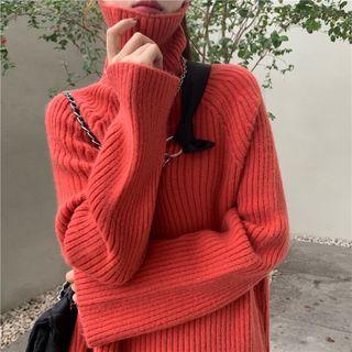 Oversized High-neck Plain Long-sleeve Sweater