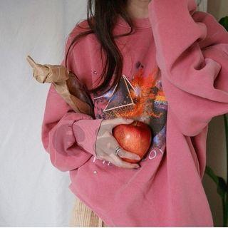 Crewneck Printed Sweatshirt / Corduroy Wide Leg Pants