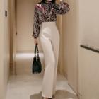 Set: Print Long-sleeve Blouse + High-waist Wide-leg Dress Pants