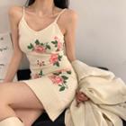 Sleeveless Flower Print Slim-fit Knit Dress As Figure - One Size