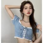 Lace-trim Lace-up Denim Crop Top Light Blue - One Size