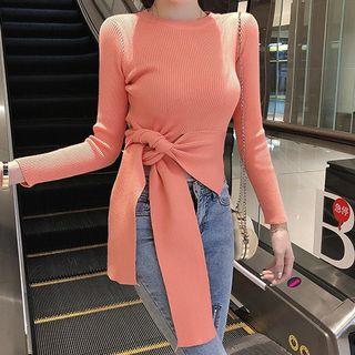 Long-sleeve Knotted Ribbed Knit Top