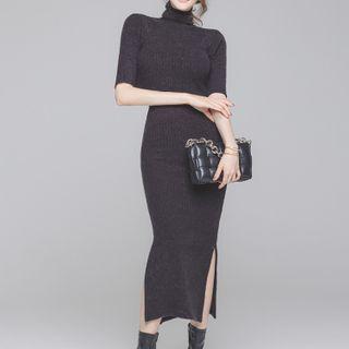 Short-sleeve Turtleneck Knit Midi Sheath Dress