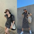 Short-sleeve Striped Collared Mini Sheath Dress / Midi Dress