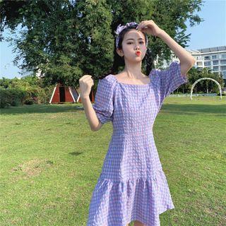 Puff-sleeve Plaid Slim Fit Dress