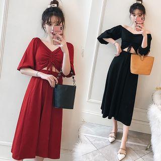 Long-sleeve Drawstring Cutout Dress