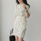Short-sleeve Smocked-waist Floral Print Sheath Dress