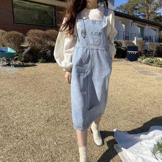 Long-sleeve Blouse / Denim Midi Sheath Overall Dress