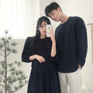 Couple Matching Plain Shirt / Elbow-sleeve Midi A-line Dress