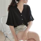 Elbow-sleeve Button-up Chiffon Blouse