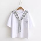 Mock Two-piece Elbow-sleeve Striped Panel T-shirt