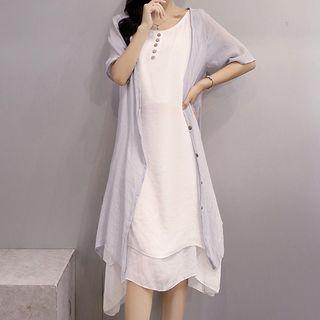 Set: Short-sleeve Button-up Light Jacket + Short-sleeve Plain Midi Dress