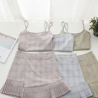 Set: Plaid Camisole Top + Pleated Hem Skirt