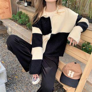 Two-tone Zip Cardigan Beige & Black - One Size