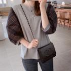 Round-neck Check-sleeve Top Gray - One Size