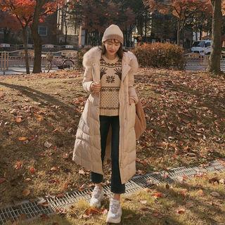 Faux-fur Hooded Long Padded Coat Cream - One Size