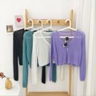 Plain V-neck Single-breasted Long-sleeve Light Top
