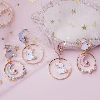 Non-matching Faux Pearl Alloy Rabbit & Moon Dangle Earring