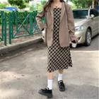 Two Button Plain Blazer / Sleeveless Check Dress