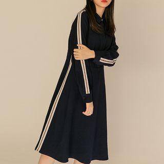 Contrast Trim Long-sleeve Collared Dress