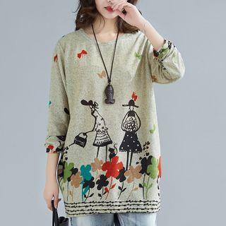 Long-sleeve Print T-shirt Light Green - One Size