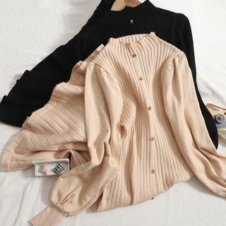 Mock-neck Puff-sleeve Ribbed Knit Dress