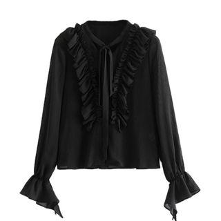 Ruffled Bell-sleeve Tie-neck Blouse