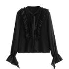 Ruffled Bell-sleeve Tie-neck Blouse