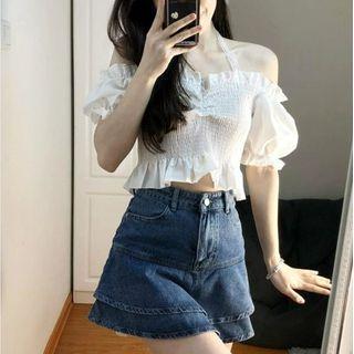 Cold-shoulder Cropped Blouse / Denim Mini A-line Skirt / Set