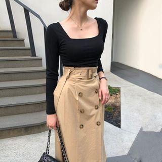 Square Neck Long-sleeve T-shirt / Midi A-line Skirt