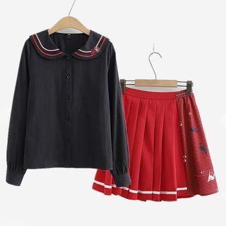 Floral Embroidered Blouse / Print Panel A-line Skirt