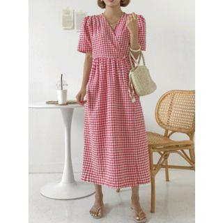 Wrap-front Gingham Long Dress