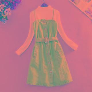 Set: Mock-neck Long-sleeve Knit Top + Denim A-line Overall Dress