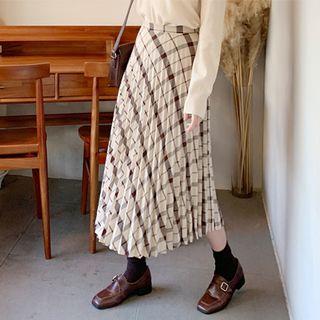 Accordion-pleat Plaid Midi Skirt Beige - One Size