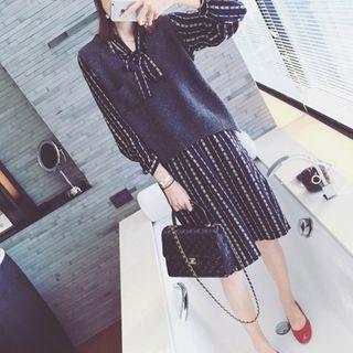 Set: Patterned Long-sleeve Midi A-line Dress + Sweater Vest