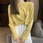 Long-sleeve Plain Asymmetric Loose Fit Cropped T-shirt