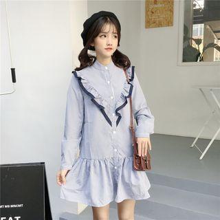 Ruffled Striped Long-sleeve Shirt Dress