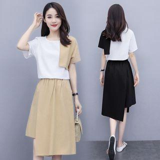 Set: Short-sleeve Color Block T-shirt + A-line Skirt