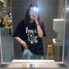 Lettering Bear Short-sleeve Round Neck T-shirt Black - One Size