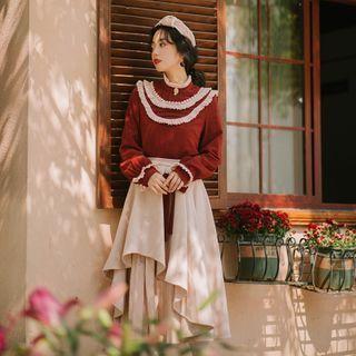 Long-sleeve Lace Trim Mock-neck Top / Layered Midi A-line Skirt